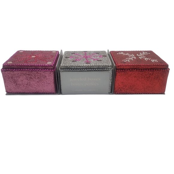 Set Of 3 Pier 1 Imports Jeweled Beaded Holiday Gift Ring Boxes Red Silver Pink - Picture 2 of 13